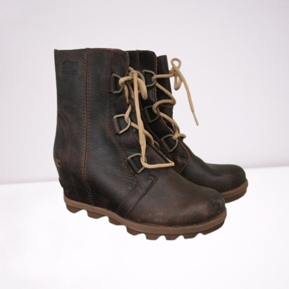 Sorel Joan of Arctic Burro (Brown) Leather Wedge Mid High Bootie Lace Up Boot - Picture 1 of 8